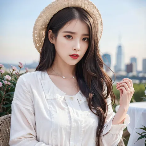 ((Masterpiece)),8k,masterpiece, best quality, 1girl,solo,realistic, garden, photorealistic,ultra detailed, detailed background,(solo:1.4)
,The portrait is centered, ultra high res
full-body shot
((no hands))
sunlight
looking at front,
hazel eyes, happy expression, slender figure, standing against a city skyline at night
upper body, realistic, extremely detailed hair, intricate detail, masterpiece, best quality, standing,cityscape, outdoors, crowd,
(white hat:1.2),
(big hat:1.2),
sitting,
white chair, white table, tea set on table, white teacup,(garden), flowers, dynamic light, tranquil, serene, smiling, side view, profile, looking at viewer,
diamond stud earrings, long straight black hair, asymmetrical bangs, Pretty Baby Bangs ,
small breast , flat breast, native breast, half hair, purple eyeshadow, expressionless, ultra high res background
grap the tea cup
(detailed eyes),(detailed facial features),(detailed clothes features),(ultra high res),( fluffy hair)
iu1, <lora:IU:1>
<lora:stLouisLuxuriousWheels_v1:0.8>, <lora:koreanDollLikenesss_v10:0.2>