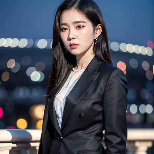 nikon RAW photo,8 k,Fujifilm XT3,masterpiece, best quality, 1girl,solo,realistic, photorealistic,ultra detailed, diamond stud earrings, long straight black hair, hazel eyes, serious expression, slender figure, wearing a black blazer and white blouse, standing against a city skyline at night iu1, <lora:iu_v35:1><lora:lightAndShadow_v10:0.7>
<lora:irene_V70:1>