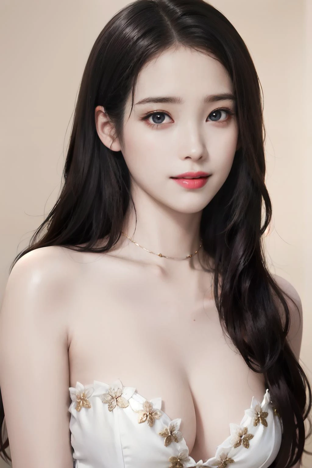 Award Winning Photo, (Photorealistic:1.3), RAW photo, best quality, absurdres, golden ratio, masterpiece, 8k, extremely realistic face photo, a girl, beautiful symmetrical eyes, short waved hair, high gloss lips, makeup, (smiling at viewer:1.3), (bare shoulder strapless blouse), (deep cleavage), <lora:LORA_iu_v35:1>,