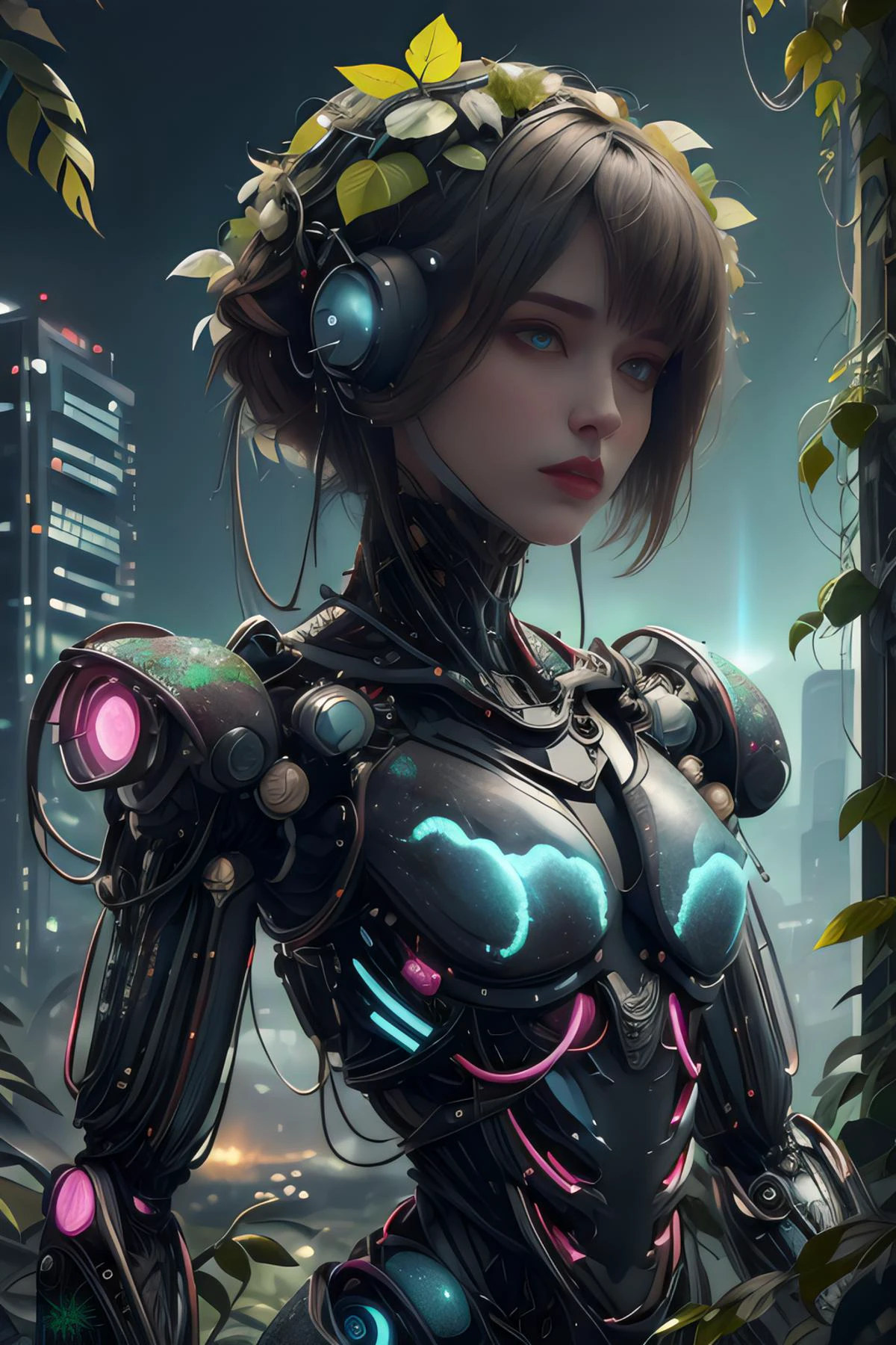 Comic art, limited-palette, <lora:tangbohu-detailer_1.0:1>, <lora:realistic:0.3>
1 girl, adult (elven:0.7) woman, grey-blue eyes, dark brown short hair,
portrait, solo, half shot, looking down, detailed background, detailed face, ( <lora:BiophyllTech:1>, BiophyllTech, bio, bioluminescent, fully-organic, utopia, glass:1.1), android, biomechanical limbs, mechanical eyes, wires, emotionless, steel, digital implants, nanotechnology, powered by fire, bioluminescent parts, futuristic cityscape in background, cinematic atmosphere,
