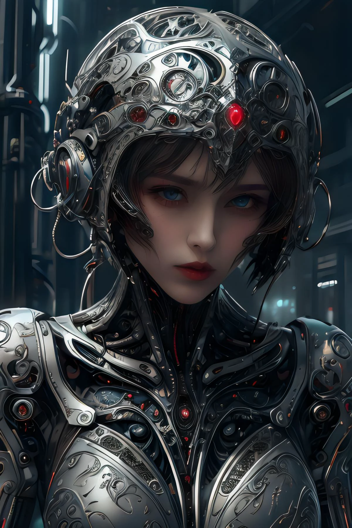 Comic art, limited-palette, <lora:tangbohu-detailer_1.0:1>, <lora:realistic:0.3>
1 girl, adult (elven:0.7) woman, grey-blue eyes, dark brown short hair,
portrait, solo, half shot, looking down, detailed background, detailed face, (<lora:VampiricTech:1>,coffee, vamptech:1.1), android, biomechanical limbs, mechanical eyes, wires, emotionless, steel, digital implants, nanotechnology, powered by fire, bioluminescent parts, futuristic cityscape in background, cinematic atmosphere,