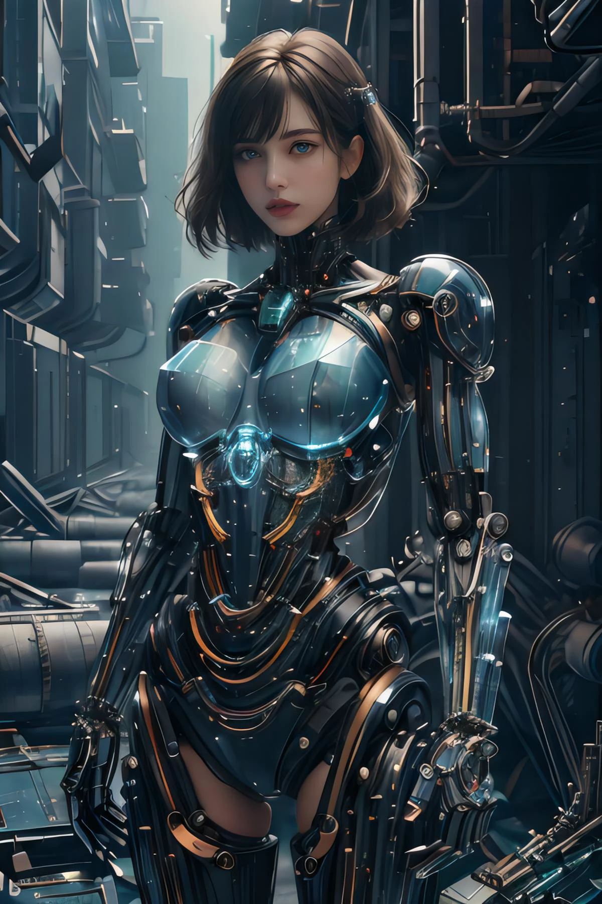 Comic art, limited-palette, <lora:tangbohu-detailer_1.0:1>, <lora:realistic:0.3>
1 girl, adult (elven:0.7) woman, grey-blue eyes, dark brown short hair,
portrait, solo, half shot, looking down, detailed background, detailed face, (<lora:GlassTech:1>, castle, glasstech, rifle, with:1.1), android, biomechanical limbs, mechanical eyes, wires, emotionless, steel, digital implants, nanotechnology, powered by fire, bioluminescent parts, futuristic cityscape in background, cinematic atmosphere,