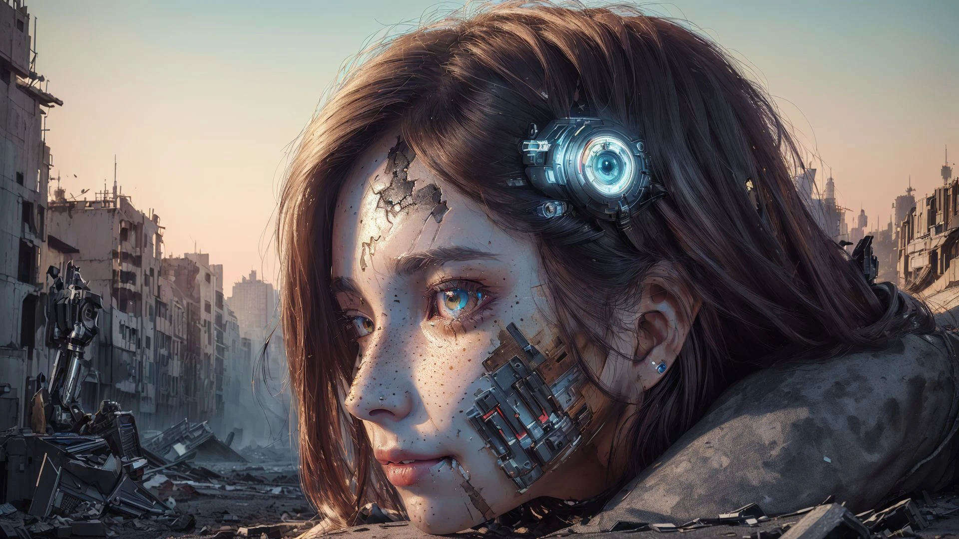 woman, (masterpiece, beautiful and aesthetic:1.3), (at a distance), extreme detailed, (((8k))),colorful,highest detailed ((ultra detailed)), damaged female cyborg (at a distance) with dichromatic eyes, ultra detailed face with freckles, chipped paint in face, nose pircing, amputated legs, destroyed, (shy smirk), highly detailed face, ultra detailed, broken parts of body, with scratches and holes ,face is android,laying on the ground, (high resolution:1.4), destroyed city ((far away, background)), surrounded by cyborg parts, (ultrarealistic:1.2), photo, ((from distance)), (masterpiece), (best quality), shot at eye level, medium shot, 30mm focal length, Canon EOS 5D Mark IV,ultra realistic,