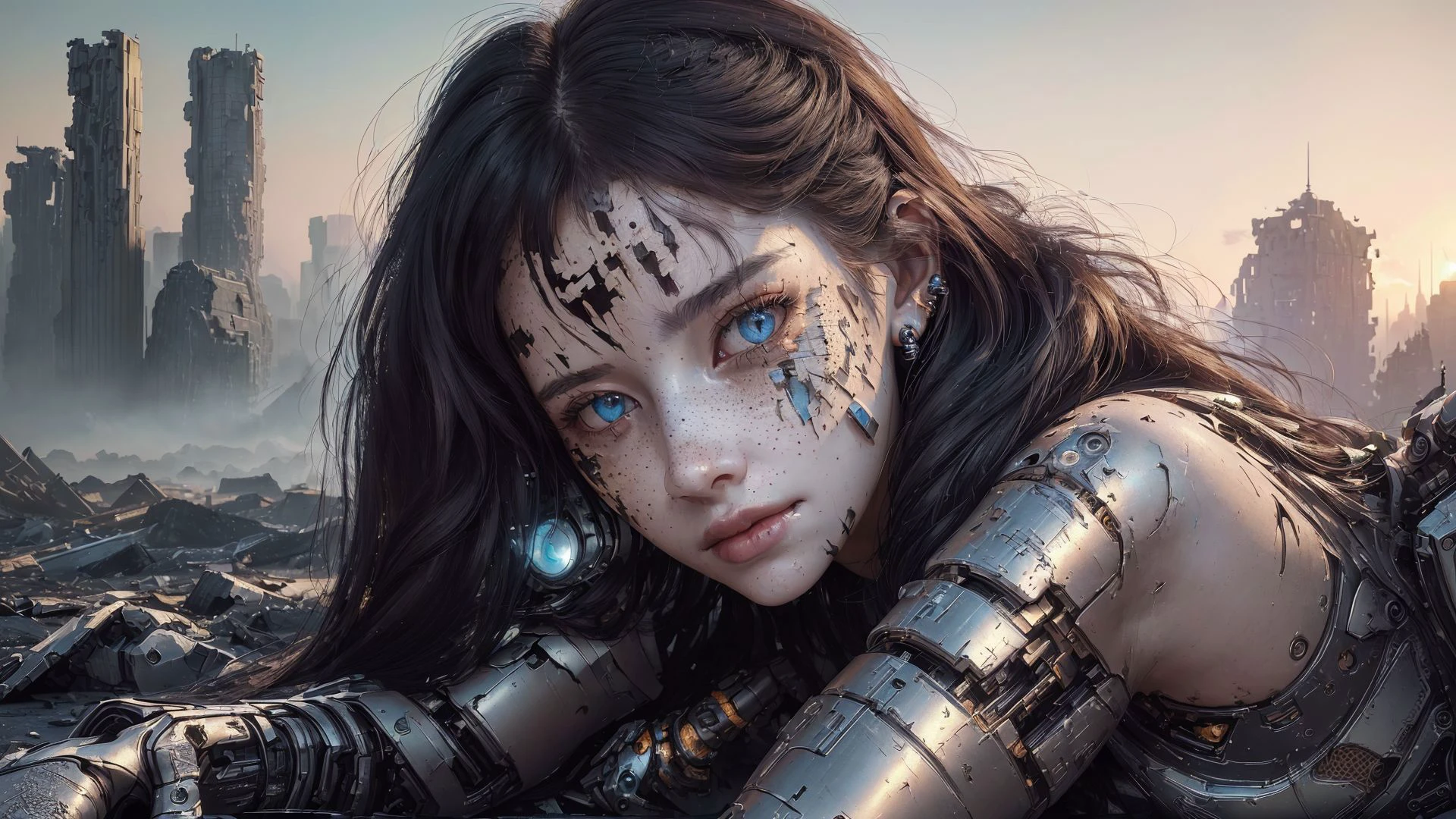 woman, (masterpiece, beautiful and aesthetic:1.3), (at a distance), extreme detailed, (((8k))),colorful,highest detailed ((ultra detailed)), damaged female cyborg (at a distance) with dichromatic eyes, ultra detailed face with freckles, chipped paint in face, nose pircing, amputated legs, destroyed, (shy smirk), highly detailed face, ultra detailed, broken parts of body, with scratches and holes ,face is android,laying on the ground, (high resolution:1.4), destroyed city ((far away, background)), surrounded by cyborg parts, (ultrarealistic:1.2), photo, ((from distance)), (masterpiece), (best quality), shot at eye level, medium shot, 30mm focal length, Canon EOS 5D Mark IV,ultra realistic,