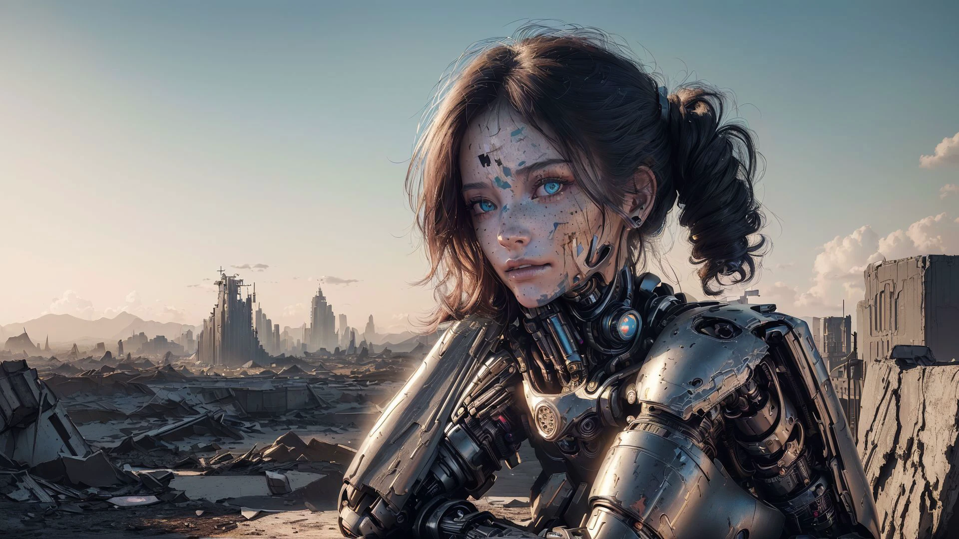 woman, (masterpiece, beautiful and aesthetic:1.3), (at a distance), extreme detailed, (((8k))),colorful,highest detailed ((ultra detailed)), damaged female cyborg (at a distance) with dichromatic eyes, ultra detailed face with freckles, chipped paint in face, nose pircing, amputated legs, destroyed, (shy smirk), highly detailed face, ultra detailed, broken parts of body, with scratches and holes ,face is android,laying on the ground, (high resolution:1.4), destroyed city ((far away, background)), surrounded by cyborg parts, (ultrarealistic:1.2), photo, ((from distance)), (masterpiece), (best quality), shot at eye level, medium shot, 30mm focal length, Canon EOS 5D Mark IV,ultra realistic,