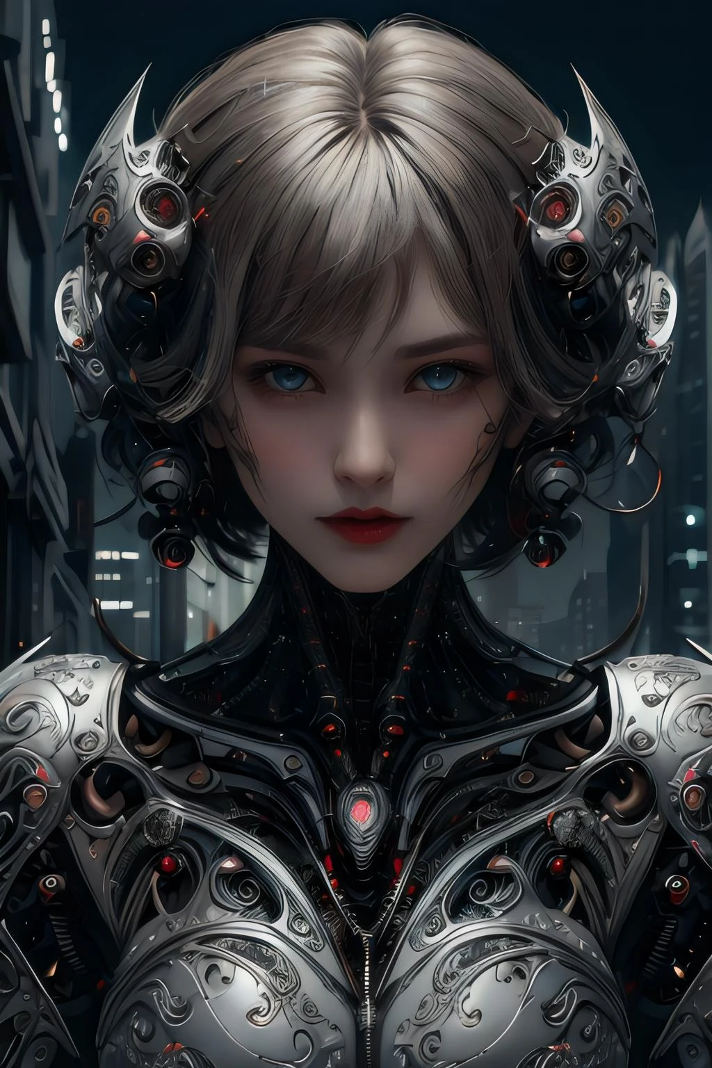Comic art, limited-palette, <lora:tangbohu-detailer_1.0:1>, <lora:realistic:0.3>
1 girl, adult (elven:0.7) woman, grey-blue eyes, dark brown short hair,
portrait, solo, half shot, looking down, detailed background, detailed face, (<lora:VampiricTech:1>,coffee, vamptech:1.1), android, biomechanical limbs, mechanical eyes, wires, emotionless, steel, digital implants, nanotechnology, powered by fire, bioluminescent parts, futuristic cityscape in background, cinematic atmosphere,