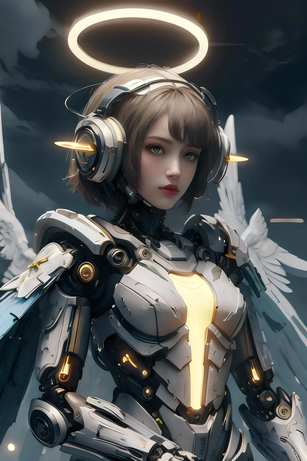 Comic art, limited-palette, <lora:tangbohu-detailer_1.0:1>, <lora:realistic:0.3>
1 girl, adult (elven:0.7) woman, grey-blue eyes, dark brown short hair,
portrait, solo, half shot, looking down, detailed background, detailed face, ( <lora:BlessedTech:1>, blessedtech, boiler, spaceship, truck:1.1), android, biomechanical limbs, mechanical eyes, wires, emotionless, steel, digital implants, nanotechnology, powered by fire, bioluminescent parts, futuristic cityscape in background, cinematic atmosphere,
