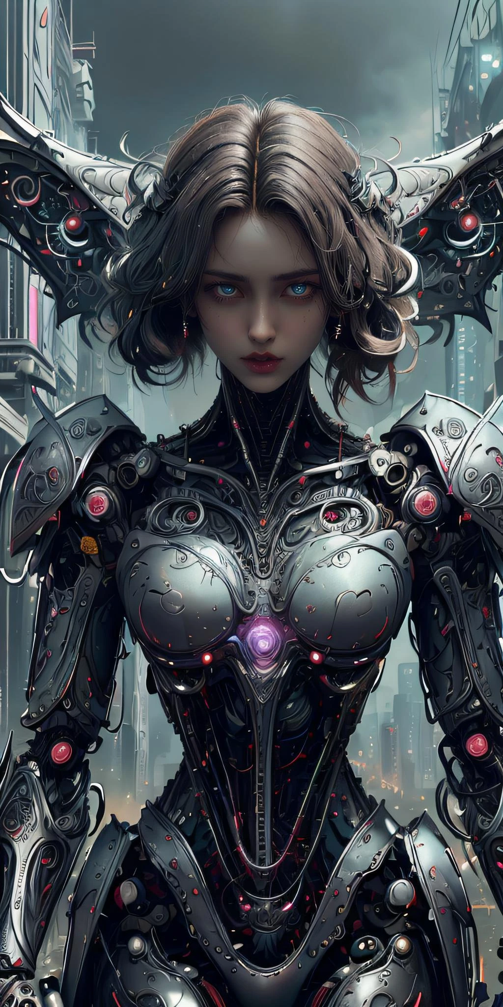Comic art, limited-palette, <lora:tangbohu-detailer_1.0:1>, <lora:realistic:0.3>
1 girl, [named alita],adult (elven:0.7) woman,  grey-blue eyes, dark brown short hair, battle angel alita, 
solo, half shot, looking down, detailed background, detailed face, android,  biomechanical limbs, detailed blue eyes, wires,    emotionless,   steel, digital implants, nanotechnology,     powered by fire,    bioluminescent parts,    futuristic cityscape in background, cinematic atmosphere, <lora:VampiricTech:0.8>, vamptech, <lora:KawaiiTech:0.6>, kawaiitech, <lora:BiophyllTech:0.7>, BiophyllTech, upper body,