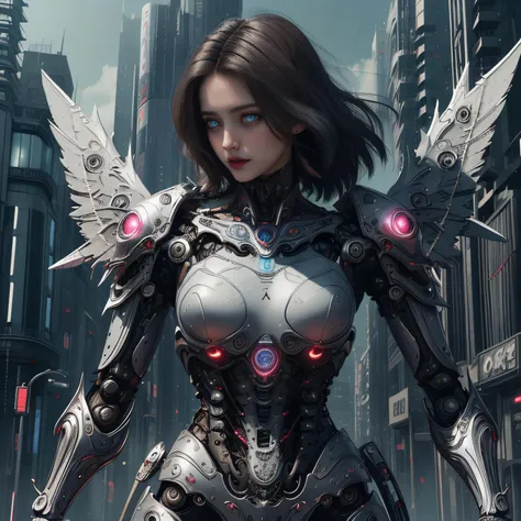 Comic art, limited-palette, <lora:tangbohu-detailer_1.0:1>, <lora:realistic:0.3>
1 girl, [named alita],adult (elven:0.7) woman,  grey-blue eyes, dark brown short hair, battle angel alita, white headwear, 
solo, half shot, looking down, detailed background, detailed face, android,  biomechanical limbs, detailed blue eyes, wires,    emotionless,   steel, digital implants, nanotechnology,     powered by fire,    bioluminescent parts,    futuristic cityscape in background, cinematic atmosphere, <lora:VampiricTech:0.7>, vamptech, <lora:KawaiiTech:0.5>, kawaiitech,