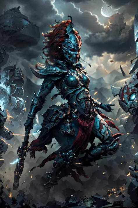 (Masterpiece, best quality, mature adult, illustration:1.3)
(by Syd Mead)
((Medium Close Shot)), ((Full Body shot, solo)),
(((jain zar:0.9), howling banshee, battle-hardened female, red plume, red hair, very long hair, glowing red eyes, floating hair,
(white armor, helm ,helmet, full face mask:1.2), wearing full platinum white armor with pelvic curtain, silver detailing, fighting_pose, holding polearm, jumping,
in ruined black castle fighting on a peak, foreboding looking dark mountain landscape with small red crescent moon & wispy dark clouds in the background at night)),
((fighting_pose)), ((Volumetric lighting)), ((Subtle lighting)), ((Good Highlights)), ((Perfect Proportions)), ((Painting in Oil)), ((Painterly)), (Illustration), (stylistic), (dynamic), (intricate), (complimentary colors), (Professional), (Award winning), (illustration:1.5), (detailed face), centered, <lora:tool - Elixir:0.4> <lora:Howling Banshee MK1 by CARAXES:0.98> <lyco:cosmetic - UnlimitedBladeWorks1.6:0.7>