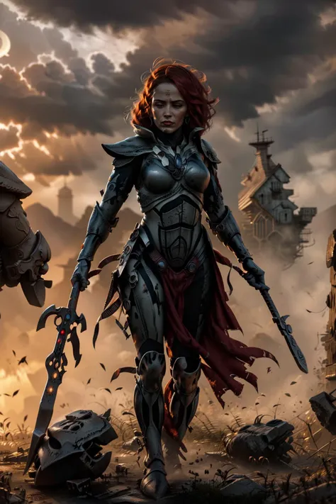 (Masterpiece, best quality, illustration:1.3)
(by Syd Mead)
((Medium Close Shot)), ((Full Body shot, solo)),
((jain zar, howling banshee, battle-hardened female, red plume, red hair, very long hair, glowing red eyes, floating hair,
(white armor, helm ,helmet:1.2), wearing full platinum white armor with pelvic curtain, silver detailing, fighting_pose, holding polearm,
in ruined black castle standing on a peak, foreboding looking dark mountain landscape with small red crescent moon & wispy dark clouds in the background at night)),
((dynamic pose)), ((Volumetric lighting)), ((Subtle lighting)), ((Good Highlights)), ((Perfect Proportions)), ((Painting in Oil)), ((Painterly)), (Illustration), (stylistic), (dynamic), (intricate), (complimentary colors), (Professional), (Award winning), (photorealistic:1.5), (detailed face), centered, <lora:artstyle - SydMead_style:0.7> <lora:tool - Elixir:0.4> <lora:Howling Banshee MK1 by CARAXES:0.98> <lyco:cosmetic - UnlimitedBladeWorks1.6:0.7>