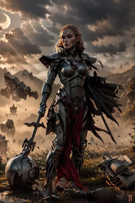 (Masterpiece, best quality, illustration:1.3)
(by Syd Mead)
((Medium Close Shot)), ((Full Body shot, solo)),
((jain zar, howling banshee, battle-hardened female, eldari, elf, pointy ears, pale skin, grey eyes, wearing eye-patch, red hair, topknot, very long hair, forehead mark,
(white armor:1.2), wearing full platinum white armor with pelvic curtain, silver detailing, standing, holding polearm,
in ruined black castle standing on a peak, foreboding looking dark mountain landscape with small red crescent moon & wispy dark clouds in the background at night)),
((dynamic pose)), ((Volumetric lighting)), ((Subtle lighting)), ((Good Highlights)), ((Perfect Proportions)), ((Painting in Oil)), ((Painterly)), (Illustration), (stylistic), (dynamic), (intricate), (complimentary colors), (Professional), (Award winning), (photorealistic:1.5), (detailed face), centered, <lora:artstyle - SydMead_style:0.7> <lora:tool - Elixir:0.4> <lora:Howling Banshee MK1 by CARAXES:0.98> <lyco:cosmetic - UnlimitedBladeWorks1.6:0.7>