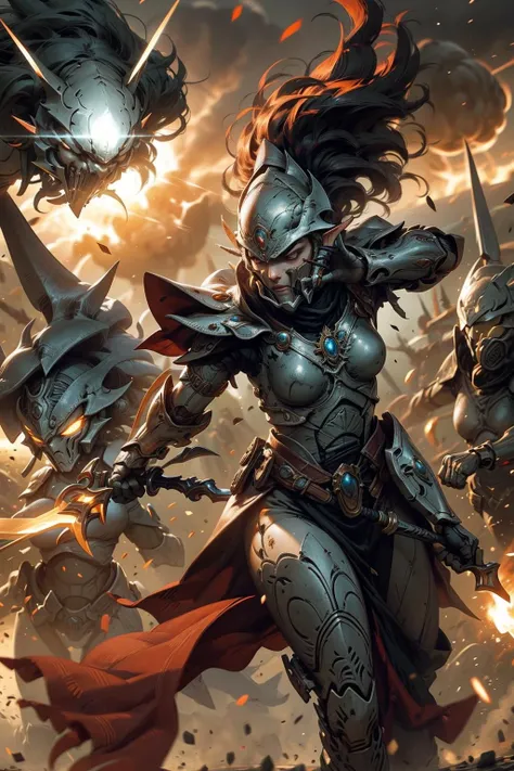 Photo of eldari warrior, elf, howling banshee in full armor, red plume, helmet, full face mask, wearing intricate ornamented metallic armor, holding polearm,
(woman:1.2), heavy armor, epic, reflective metal, silver trimmings, (lance, holding spear:1.1) details,
battle, firing, army, in the middle of siege, heavy explosion,
<lora:Howling Banshee MK1 by CARAXES:0.7> <lora:tool - Elixir:0.7> <lyco:cosmetic - UnlimitedBladeWorks1.6:0.7>