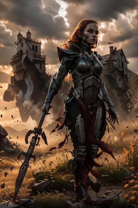 (Masterpiece, best quality, illustration:1.3)
(by Syd Mead)
((Medium Close Shot)), ((Full Body shot, solo)),
((jain zar, howling banshee, battle-hardened female, eldari, elf, pointy ears, pale skin, grey eyes, wearing eye-patch, red hair, topknot, very long hair, forehead mark,
(white armor:1.2), wearing full platinum white armor with pelvic curtain, silver detailing, standing, holding polearm,
in ruined black castle standing on a peak, foreboding looking dark mountain landscape with small red crescent moon & wispy dark clouds in the background at night)),
((dynamic pose)), ((Volumetric lighting)), ((Subtle lighting)), ((Good Highlights)), ((Perfect Proportions)), ((Painting in Oil)), ((Painterly)), (Illustration), (stylistic), (dynamic), (intricate), (complimentary colors), (Professional), (Award winning), (photorealistic:1.5), (detailed face), centered, <lora:artstyle - SydMead_style:0.7> <lora:tool - Elixir:0.4> <lora:Howling Banshee MK1 by CARAXES:0.98> <lyco:cosmetic - UnlimitedBladeWorks1.6:0.7>