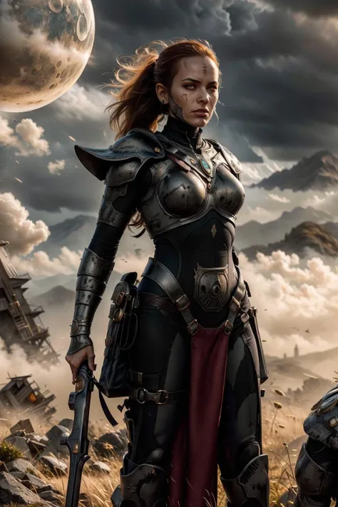 (Masterpiece, best quality, illustration:1.3)
(by Syd Mead)
((Medium Close Shot)), ((Full Body shot, solo)),
((howling banshee, battle-hardened female, eldari, elf, pale skin, grey eyes, wearing eye-patch, very long red ponytail hair, forehead mark, 
(gold armor:1.2), wearing full golden armor with pelvic curtain, silver detailing, standing, holding spear, 
in ruined black castle standing on a peak, foreboding looking dark mountain landscape with small red crescent moon & wispy dark clouds in the background at night)),
((dynamic pose)), ((Volumetric lighting)), ((Subtle lighting)), ((Good Highlights)), ((Perfect Proportions)), ((Painting in Oil)), ((Painterly)), (Illustration), (stylistic), (dynamic), (intricate), (complimentary colors), (Professional), (Award winning), (photorealistic:1.5), (detailed face), centered, <lora:artstyle - SydMead_style:0.7> <lora:tool - Elixir:0.4> <lora:Howling Banshee MK1 by CARAXES:0.8>