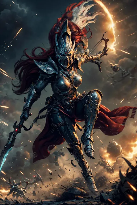 character design, concept art of howling banshee, full armor, full metal armor, wearing intricate ornamented metal armor, helmet, red plume, floating hair, glowing red eyes,
solo, (jain zar, female:1.2), full metal armor, black armor, white tabard, bronze trimmings, tall stature, full face mask, very long hair, red hair, 1girl,
((epic, fighting_pose:1.3)) focus, holding polearm, holding shuriken,
<lora:tool - add_detail:0.0.5> <lora:Howling Banshee MK1 by CARAXES:0.75> <lora:tool - Elixir:0.5> <lora:artstyle - hipoly_3dcg_v7-epoch-000012:0.7> <lora:artstyle - LowRA:0.6>