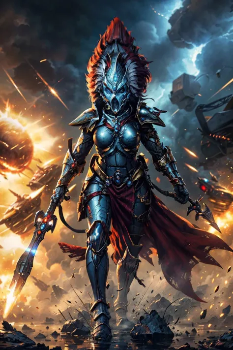 (Masterpiece, best quality, mature adult, illustration:1.3)
(by Syd Mead)
((Medium Close Shot)), ((Full Body shot, solo)),
(((jain zar:0.9), howling banshee, battle-hardened female, red plume, red hair, very long hair, glowing red eyes, floating hair, 
(white armor, helm ,helmet, full face mask:1.2), wearing full platinum white armor with pelvic curtain, silver detailing, fighting_pose, holding polearm, 
in ruined black castle standing on a peak, foreboding looking dark mountain landscape with small red crescent moon & wispy dark clouds in the background at night)),
((dynamic pose)), ((Volumetric lighting)), ((Subtle lighting)), ((Good Highlights)), ((Perfect Proportions)), ((Painting in Oil)), ((Painterly)), (Illustration), (stylistic), (dynamic), (intricate), (complimentary colors), (Professional), (Award winning), (illustration:1.5), (detailed face), centered, <lora:artstyle - SydMead_style:0.7> <lora:tool - Elixir:0.4> <lora:Howling Banshee MK1 by CARAXES:0.98> <lyco:cosmetic - UnlimitedBladeWorks1.6:0.7>