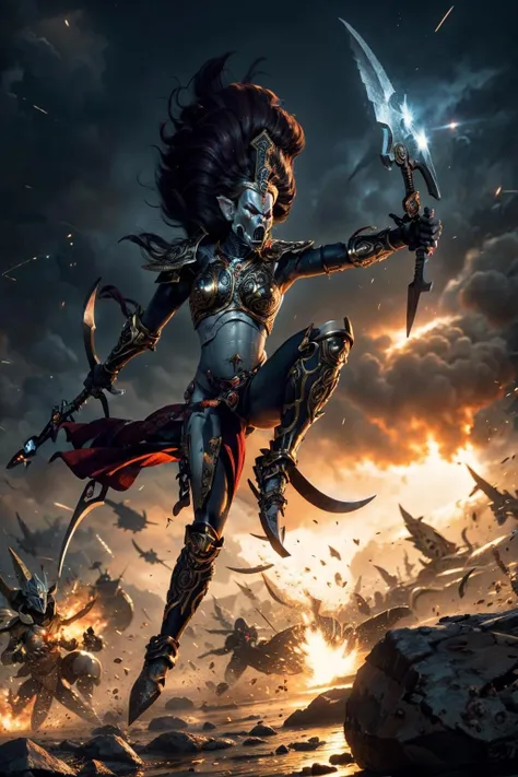 illustration of howling banshee in full armor, red plume, helmet, full face mask, floating hair, wearing intricate ornamented golden armor, holding polearm,
((jain zar) woman:1.2), heavy armor, epic, reflective metal, silver trimmings, dual wielding, (shuriken, holding spear:1.1) details,
in the middle of siege, heavy explosion, fighting_pose, fighting, jumping,
<lora:Howling Banshee MK1 by CARAXES:0.9> <lyco:cosmetic - UnlimitedBladeWorks1.6:0.5> <lora:tool - add_detail:0.5> <lora:tool - Elixir:0.5>