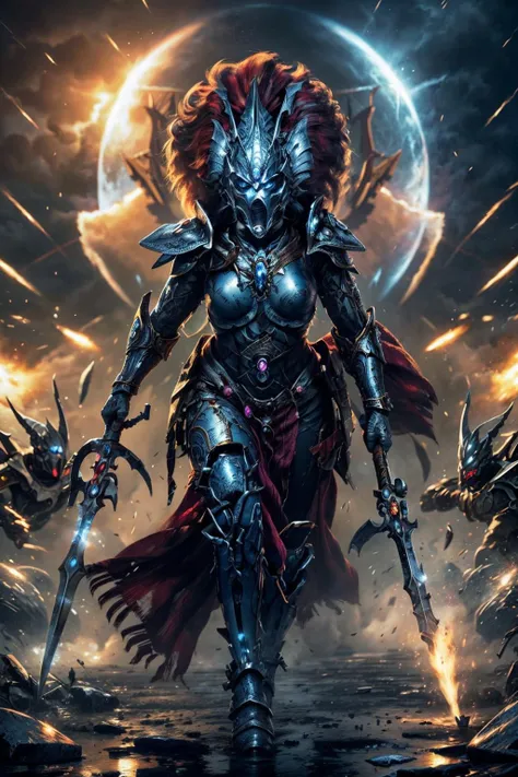illustration of howling banshee in full armor, red plume, helmet, full face mask, floating hair, wearing intricate ornamented metallic armor, holding polearm,
((howling banshee) woman:1.2), heavy armor, epic, reflective metal, silver trimmings, (lance, holding spear:1.1) details,
in the middle of siege, heavy explosion,
<lora:Howling Banshee MK1 by CARAXES:0.9> <lyco:cosmetic - UnlimitedBladeWorks1.6:0.5> <lora:tool - add_detail:0.5> <lora:tool - Elixir:0.5>