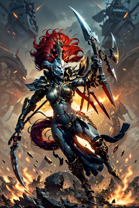 illustration of howling banshee in full armor, red plume, red hair, very long hair, helmet, full face mask, floating hair, wearing intricate ornamented golden armor, bodysuit, holding polearm,
((jain zar) woman:1.2), heavy armor, epic, reflective metal, silver trimmings, dual wielding, (shuriken and holding spear:1.1),
fighting_pose, fighting,
<lora:Howling Banshee MK1 by CARAXES:0.9> <lyco:cosmetic - UnlimitedBladeWorks1.6:0.5> <lora:tool - add_detail:0.5> <lora:tool - Elixir:0.5>