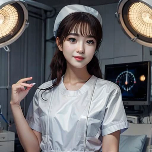 masterpiece,high quality, high resolution,ultra detailed,8k,surgeon,straight hair,two girls,pretty,black surgical gown,light blue gloves,brown short hair,surgical cap,eighteen years old,,standing surrounding the bed,operating room,big surgical lights,heart monitor,many medical devices,from side,steshoscope,(((evil smile,blood on clothes,black latex))),glare at wiewer,blonde