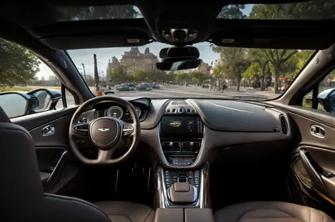 amdbx interior car interior, (city view:1.5), photorealistic, realistic, highly detailed, global illumination