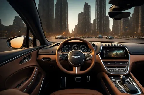 amdbx interior car interior, (city view:1.5), photorealistic, realistic, highly detailed, global illumination