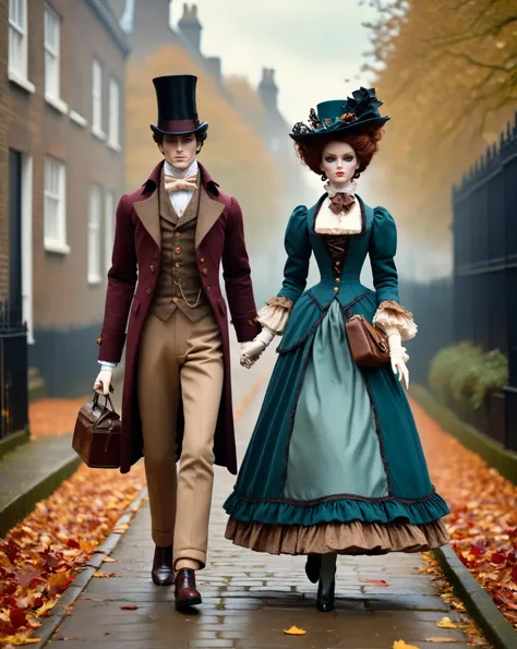 action shot of full body shot of Photo of a couple realistic likelife dolls dressed in Victorian era clothes walking down the street of Victorian London gloomy shades of the sky, autumn, autumn leaves flying by, sad face, detailed face, detailed eyes, in the style of Achille Leonardi, Thomas Gainsborough,  Alessio Albi, sharp focus, ultra quality, detailed texture, incredible likelife, <lora:add-detail-xl:2>,  <lora:Randommaxx_merge_v1.1_lora_fp16:1,5>. Whole outfit, clear, sharp, balanced. Movement, energy, dynamic, intense