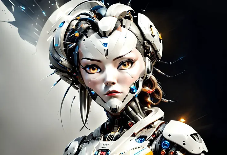 /maximalist/glam/surrealist/hyperrealism /masterpiece /best_quality /ultra_high_res /extremely_detailed, ((404 error:1.7)) concept prominent. "Complex 3D render, ultra-detailed, (((Full body:1.9))) of a beautiful porcelain-profile woman android face, with cyborg and robotic parts, scaled to 150 mm. Set in a beautifully lit studio with soft and rim lighting, emphasizing vibrant details. Scene evokes luxurious cyberpunk aesthetics with lace and hyperrealism. Focus on anatomical accuracy, facial muscles, intertwined with cable electric wires and microchips. Elegant appearance against a beautiful background. Use octane render techniques, inspired by H. R. Giger's style, for an 8K resolution masterpiece. Rendered in CG using Unity for wallpaper purposes, aiming for a realistic, photo-hyperrealistic quality (realistic, photo-realistic:1.37). Image should be amazing, finely detailed, a masterpiece of the highest quality. Official art, extremely detailed CG Unity 8k wallpaper, absurdres, incredibly absurdres. Subtle influence of Japanese and Korean doll-like features (<lora:japaneseDollLikeness_v10:0.1>, <lora:koreanDollLikeness_v10:0.5>). Robot with silver helmet, sitting on a work table to the left of center screen, legs crossed, alluring pose. Creative and prominent interpretation of a '404 error' within the scene, possibly as a holographic display or integral design element, ensuring it is a central focus."
