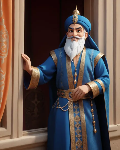 Textile sculptures of a evil vizier from the Arabian fairy tale 1001 nights in the form of an old man with a beard in expensive beautiful clothes with jewelry, rings, smiling maliciously, standing at the window overlooking the city square, carefully watching what is happening outside the window, <lora:add-detail-xl:1.5> ,<lora:Randommaxx_merge_v1.1_lora_fp16:1.5>