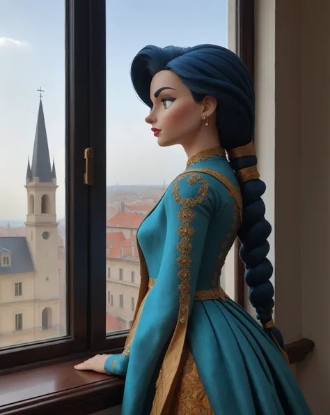 Textile sculptures of a Beautiful CARTOON woman from arcane, her skin intricately detailed as if hand painted, standing at the window overlooking the city square, carefully watching what is happening outside the window, <lora:add-detail-xl:1.5> ,<lora:Randommaxx_merge_v1.1_lora_fp16:1.5>