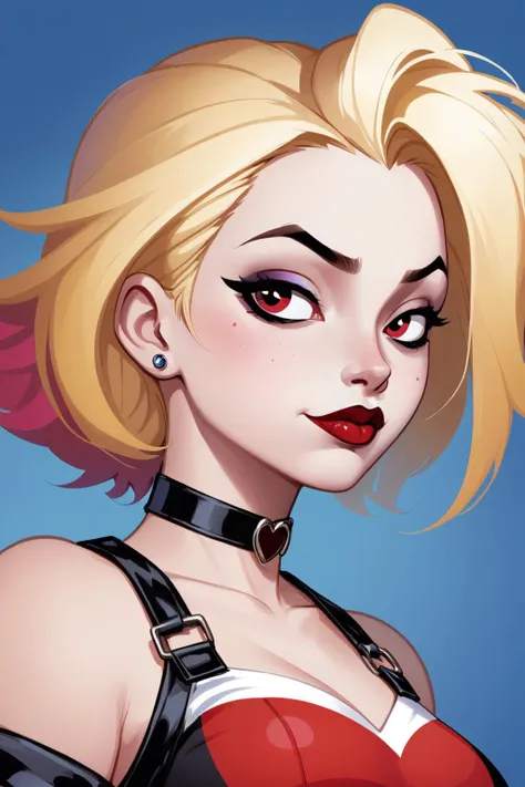 (ch:1.3), 1girl, solo, closed eyes, beautiful girl with intricate long blonde hair, profile, makeup, red lips, short hair, lipstick, simple background, lips, (flat color:1.3), closed mouth, large stripes background, award-winning graphic design, large beckoning breasts, (flat 2d illustration:1.2), stylish Harley Quinn illustration