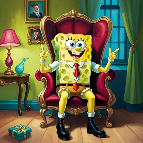 solo, oil painting, illustration of Spongebob Squarepants dressed as a hooker