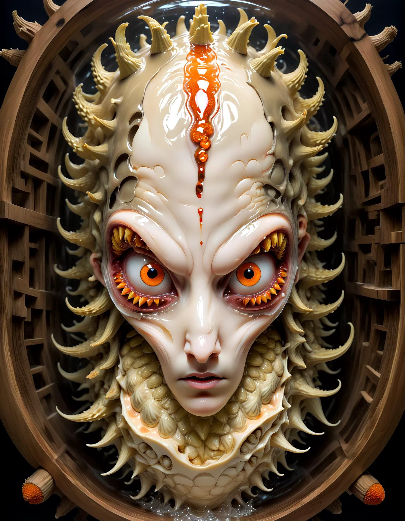 C(disturbing:1.15) entity amidst a labyrinth of Escher-like geometries. Its sinewy, (metallic parts:1.05) should interlace with the patterns, making it difficult to discern where the she (evil durian:1.1) fish (roe face:1.25) creature ends and the background begins. The patterns should seem to pulsate with the creature's (unnatural:1.05) life.(Horror:1.15), (liquid melting and dripping brain:1.15),hot spicy sauce, painfull spicy, 1million scoville, painted with a chainsaw, the spice is burning like hell, red,hyperrealistic, photorealistic, Ancient one,(gigercraft:1.1), (c1bo:1.1),
