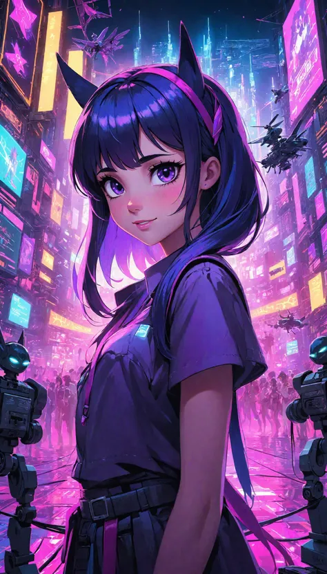 masterpiece, best quality, high quality, Cyberpunk Twilight Sparkle, looking at viewer, smirking, cyberpunk style, cyberspace, neon lights, artificial intelligence, virtual reality, surrounded by battle robots, drones flying around her, close-up, portrait, cinematic scene, detailed background, vivid, highly detailed, <lora:add-detail-xl:2.5>