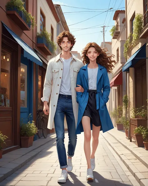 full body shot Academic Art an attractive young man with refined facial features walks down the street of a cozy town together with a beautiful slender girl