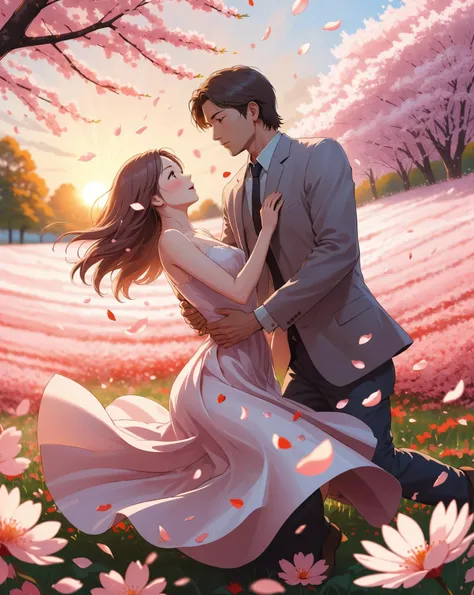 A very beautiful woman with a man in the rays of the setting sun on a flower field, falling sakura petals, ultra detailed, the character is completely in the frame