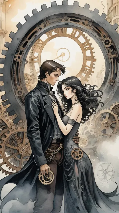 close-up, black ink and watercolor, dark angel lovers, swirling portal in the background, fog, large and small gears, mechanisms, steampunk, time machine, very detailed, black ink technique, Milo Manara style, 1960s style comic, expressive, dark atmosphere