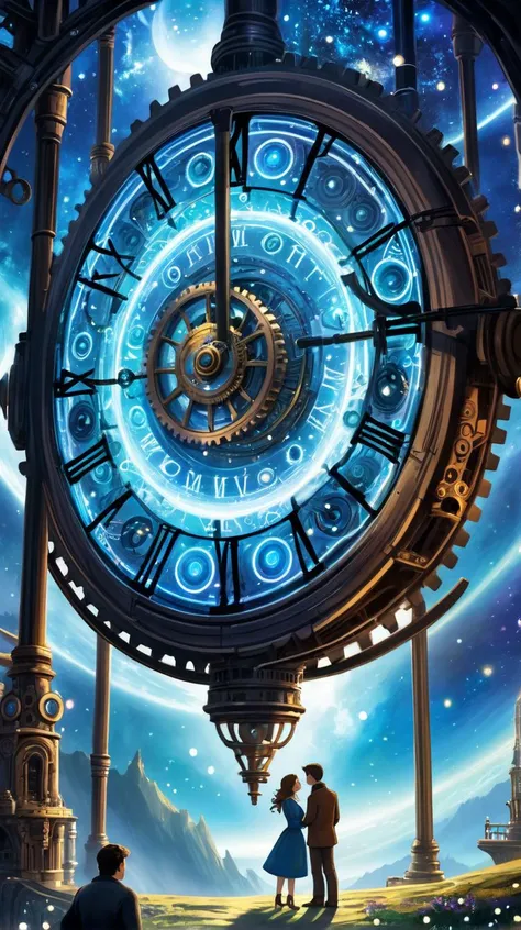 In an otherworldly landscape, lovers, decorated with constellations, surrounded by gears and gears, spend a moment under a colossal time machine in the shape of a cosmic pendulum.