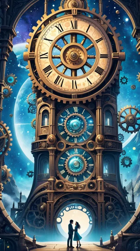 In an otherworldly landscape, lovers, decorated with constellations, surrounded by gears and gears, spend a moment under a colossal time machine in the shape of a cosmic pendulum.