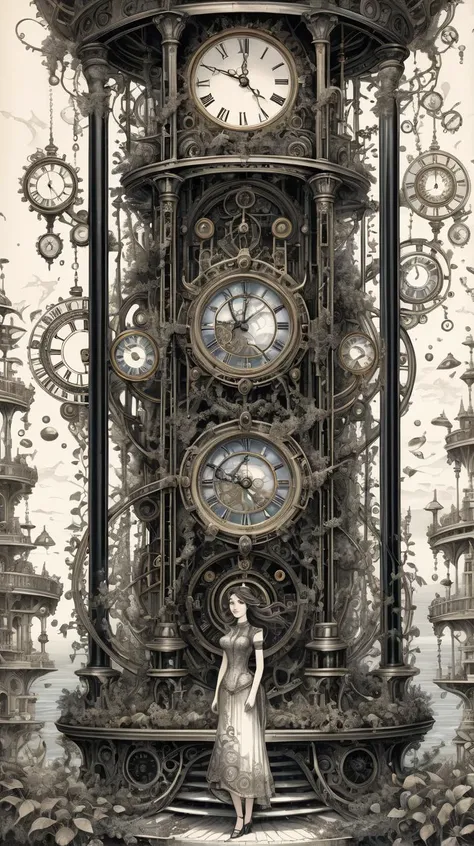 Amidst a surrealistic cosmos, two women, one wreathed in living vines, the other in an ornate mechanical exoskeleton, stand beneath a colossal time machine, a hybrid between an hourglass and an intricate celestial mechanism, amidst a sea of cascading, fragmented clocks.. Very detailed and expressive drawing in black ink