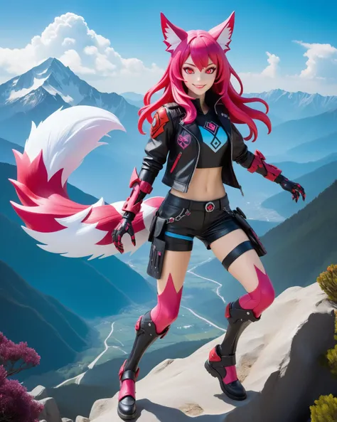 Action Figure of A mythical creature known as Them, a cyborg demon girl named Kurumi, climbing on mountains. She has long pink hair framing her face and bright red eyes. Kurumi has a slender and flexible body, but her distinctive feature is large fluffy fox ears, a fox tail. Kurumi's ears and tail are bright pink, which adds to her charm and makes her unique, extremely dynamic, ((mechanical limbs: 1.3)), sadistic smile, ghostly depth of field, bokeh, in a dynamic pose, dressed in shorts, leather jacket, detailed texture: 1.5, her body is covered with runes, extremely high resolution details, photographic, realism pushed to the limit, fine texture, incredibly realistic, <lora:add-detail-xl:2,5>, <lora:xl_more_art-full-beta1:0.3>
, plastic collectable action figure, collectable toy action figure