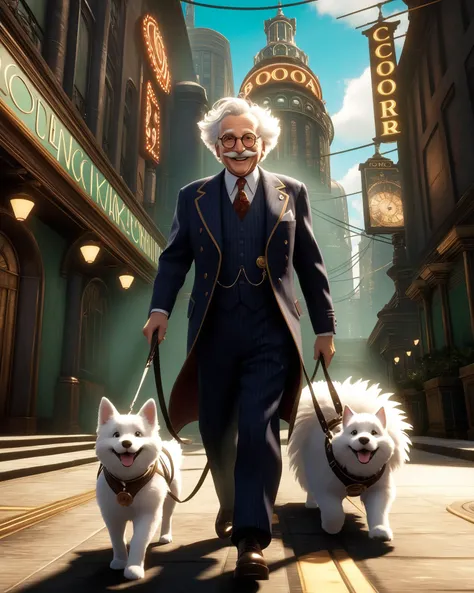 full body shot of a white fluffy lapdog and an elderly man in pince-nez walking, an expression of wild joy on his face, a crazy smile, screencap of bioshock videogame, inspired by Rapture city, art deco , nvidia raytracing demo, concept art, extremely quality, extemely detailed:1.5, sharp focus, RAW PHOTO, Extremely high-resolution details, detailed texture:1.5,detail texture, extremely dynamic pose, windy, flying hair, flowing in the wind dress, Extremely high-resolution details, photographic, realism pushed to extreme, fine texture, detailed texture:1.5, incredibly lifelike, cobra<lora:Rapture:0.7>, <lora:add-detail-xl:2.5>. Whole outfit, clear, sharp, balanced