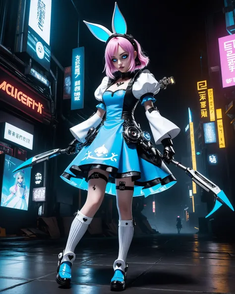 full body shot of Alice, the main character from Alice in Wonderland, is mysterious.  in the world of cyberpunk, like an android with mechanical arms and legs, with a face created in the image and likeness of Alice from Wonderland. Her mechanical limbs have incredible strength and speed, which makes her the perfect warrior in a world where technology and violence go hand in hand. However, under this cold steel coating, the heart of the Alice we know and love is still beating. Alice's attractive face is like an android made of metal with luminous inserts. Her mechanical eyes glow with a bright blue light, like two small beacons in a world of darkness and chaos. she dressed blue short fluffy pleated dress with white apron, In the world of cyberpunk 2077, cyborg Hatter, cheshire cat,  (crazy tea party), SFW, ((mechanical limbs:1.3)), <lora:add-detail-xl:3>. Whole outfit, clear, sharp, balanced in a cyberpunk outfit. Futuristic, dystopian, metallic, neon