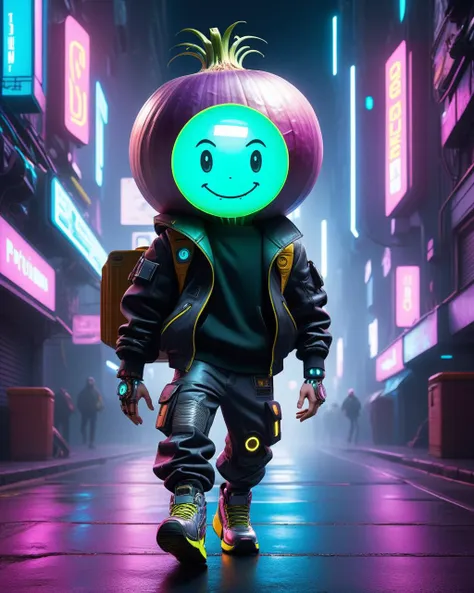 cyberpunk style, cyberpunk style, 3d character, pixar rendering, cyberpunk style, Cipollino is a character from the book The Adventures of Cipollino by Gianni Rodari. (((a boy with a huge onion head))), In the world of cyberpunk, always smiling broadly, running down the street in a jump with a boombox on his shoulder, dancing, (mechanical limbs:1.3, cyborg:1.3, LED implants on his arms), big glowing shoes with charisma. 50mm lens, f/2.8, focused on eyes, natural lighting in a cyberpunk outfit. Futuristic, dystopian, metallic, neon, neon, dystopian, futuristic, digital, vibrant, detailed, high contrast, reminiscent of cyberpunk genre with charisma. 50mm lens, f/2.8, focused on eyes, natural lighting, neon, dystopian, futuristic, digital, vibrant, detailed, high contrast, reminiscent of cyberpunk genre