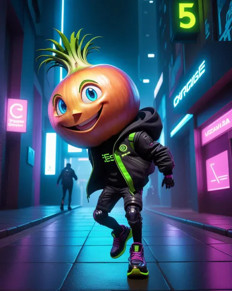 cyberpunk style, cyberpunk style, 3d character, pixar rendering, cyberpunk style, Cipollino is a character from the book The Adventures of Cipollino by Gianni Rodari. (((a boy with a huge onion head))), In the world of cyberpunk, always smiling broadly, running down the street in a jump, (mechanical limbs:1.3, cyborg:1.3, LED implants on his arms), (on the sidewalk stairs at night singing karaoke), big glowing shoes with charisma. 50mm lens, f/2.8, focused on eyes, natural lighting in a cyberpunk outfit. Futuristic, dystopian, metallic, neon, neon, dystopian, futuristic, digital, vibrant, detailed, high contrast, reminiscent of cyberpunk genre with charisma. 50mm lens, f/2.8, focused on eyes, natural lighting, neon, dystopian, futuristic, digital, vibrant, detailed, high contrast, reminiscent of cyberpunk genre