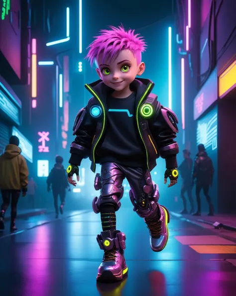 cyberpunk style, night shot of cyberpunk style, 3d character, pixar rendering, cyberpunk style, Cipollino is a character from the book âThe Adventures of Cipollinoâ by Gianni Rodari. ((Cipollino looks like a boy with an onion head))),  In the world of cyberpunk, always smiling broadly, running down the street in a jump, (mechanical limbs:1.3, cyborg:1.3, LED implants on his arms), big glowing shoes with charisma. 50mm lens, f/2.8, focused on eyes, natural lighting in a cyberpunk outfit. Futuristic, dystopian, metallic, neon, neon, dystopian, futuristic, digital, vibrant, detailed, high contrast, reminiscent of cyberpunk genre with charisma. 50mm lens, f/2.8, focused on eyes, natural lighting in a cyberpunk outfit. Futuristic, dystopian, metallic, neon. Dark, lit, moody, mysterious, neon, dystopian, futuristic, digital, vibrant, detailed, high contrast, reminiscent of cyberpunk genre