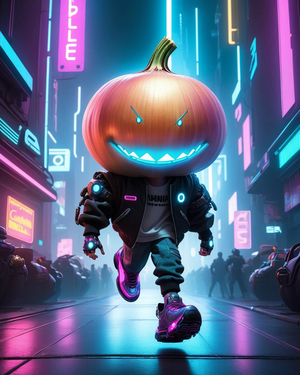 cyberpunk style, cyberpunk style, 3d character, pixar rendering, cyberpunk style, Cipollino is a character from the book The Adventures of Cipollino by Gianni Rodari. (((a boy with a huge onion head))),  In the world of cyberpunk, always smiling broadly, running down the street in a jump, he singing karaoke into the microphone,  (mechanical limbs:1.3, cyborg:1.3, LED implants on his arms),  big glowing shoes with charisma. 50mm lens, f/2.8, focused on eyes, natural lighting in a cyberpunk outfit. Futuristic, dystopian, metallic, neon, neon, dystopian, futuristic, digital, vibrant, detailed, high contrast, reminiscent of cyberpunk genre with charisma. 50mm lens, f/2.8, focused on eyes, natural lighting, neon, dystopian, futuristic, digital, vibrant, detailed, high contrast, reminiscent of cyberpunk genre