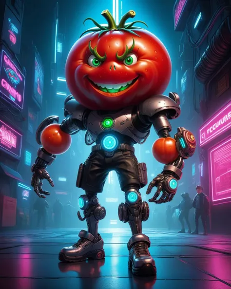 comic book art of cyberpunk style, 3d character, pixar rendering, cyberpunk style, senor tomato is a character from the book The Adventures of Cipollino by Gianni Rodari. (((a boy with a huge Tomato head))), In the world of cyberpunk, always evil, dancing hip-hop, (mechanical limbs:1.3, cyborg:1.3, LED implants on his arms), big glowing shoes, with charisma. 50mm lens, f/2.8, focused on eyes, natural lighting in a cyberpunk outfit. Futuristic, dystopian, metallic, neon, neon, dystopian, futuristic, digital, vibrant, detailed, high contrast, reminiscent of cyberpunk genre with charisma. 50mm lens, f/2.8, focused on eyes, natural lighting, comic art, graphic novel illustration