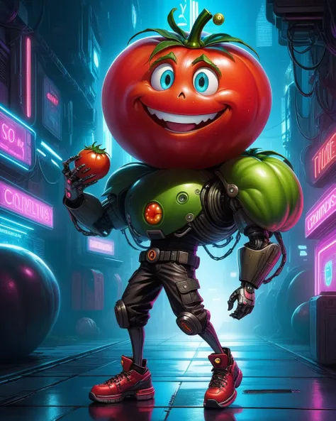 comic book art of  cyberpunk style, 3d character, pixar rendering, cyberpunk style, Cenior Tomato is a character from the book The Adventures of Cipollino by Gianni Rodari. (((a boy with a huge Tomato head))),  In the world of cyberpunk, always smiling broadly, dancing hip-hop, (mechanical limbs:1.3, cyborg:1.3, LED implants on his arms),  big glowing shoes, with charisma. 50mm lens, f/2.8, focused on eyes, natural lighting in a cyberpunk outfit. Futuristic, dystopian, metallic, neon, neon, dystopian, futuristic, digital, vibrant, detailed, high contrast, reminiscent of cyberpunk genre with charisma. 50mm lens, f/2.8, focused on eyes, natural lighting, comic art, graphic novel illustration